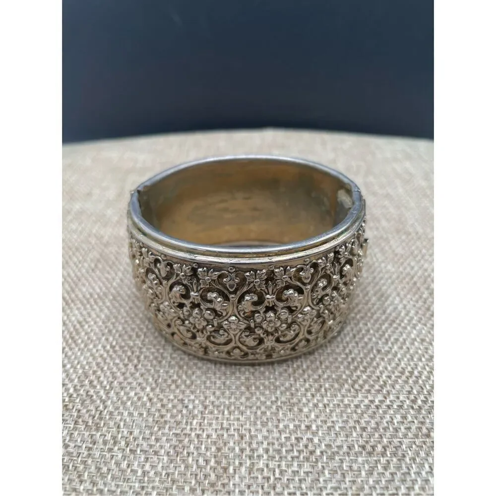 Vintage Silver Tone Wide Cuff Bangle Bracelet Scrolled Fancy Safety Chain